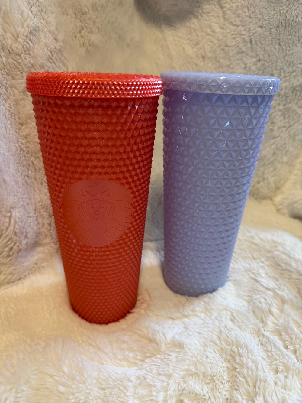 Lot of 2 Studded Tumblers - Orange Starbucks 24oz & Purple Holiday Time 26oz